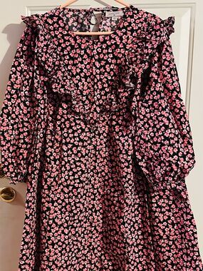 Sandy Liang Black Dress with Pink Floral Print and Ruffles